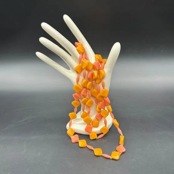 Vintage Beaded Necklace Orange Pink Geometric Plastic Mid Century Modern Jewelry - Picture 2 of 6